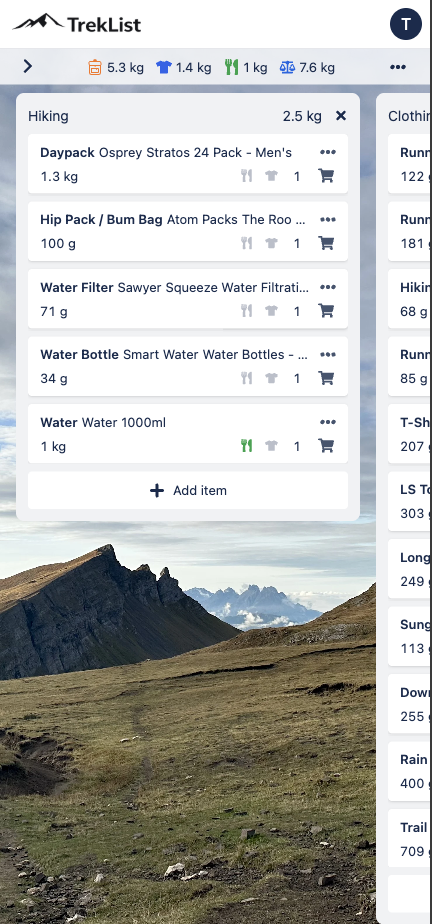 TrekList mobile category columns