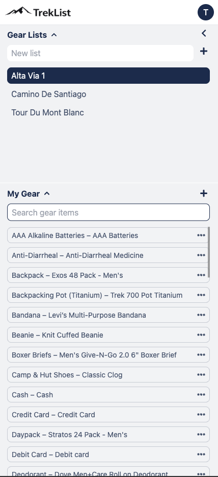 TrekList mobile view showing gear lists and My Gear search